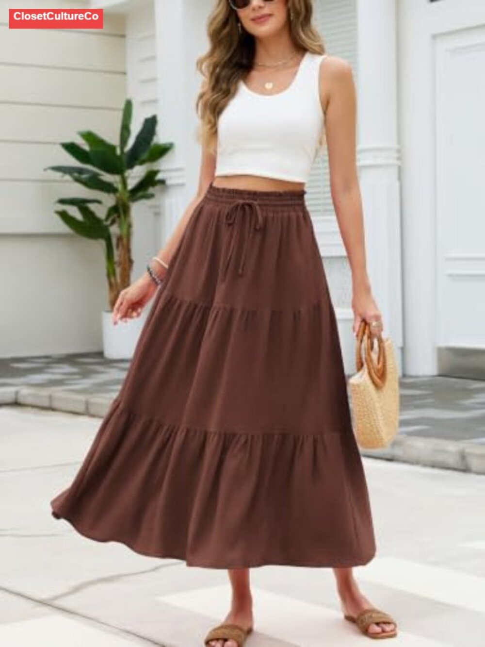 Tiered Ruffle Maxi Skirt with Pockets High Waist A-Line Flowy - Picture 3 of 4